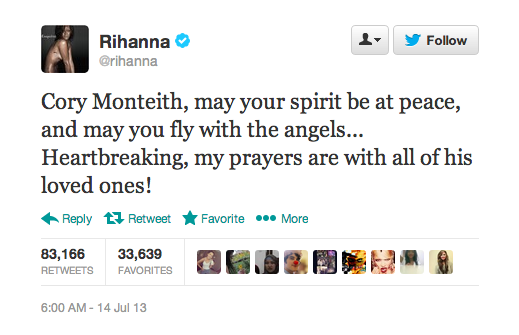 Rihanna's Reaction to Cory Monteith's Death